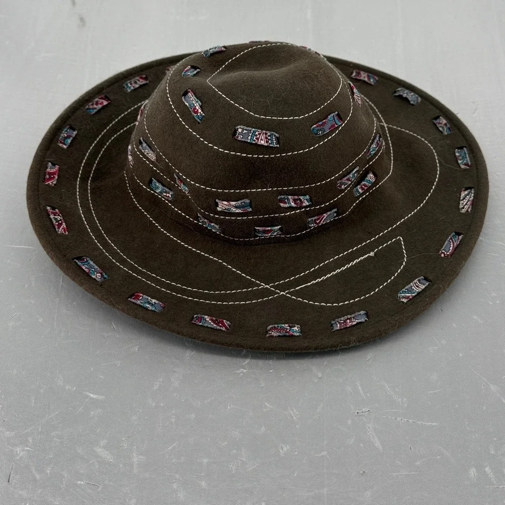 San Diego Hat Co Brown 100% Wool Felt Wide Brim Hat Paisley Accents One Size